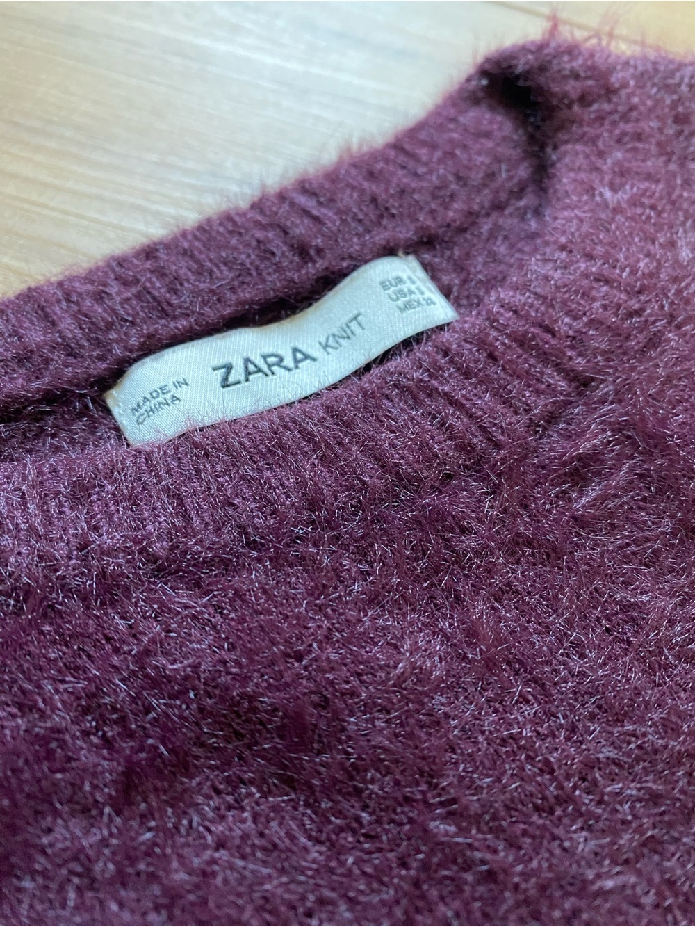ZARA Women's Fuzzy Crewneck Sweater in Deep Wine